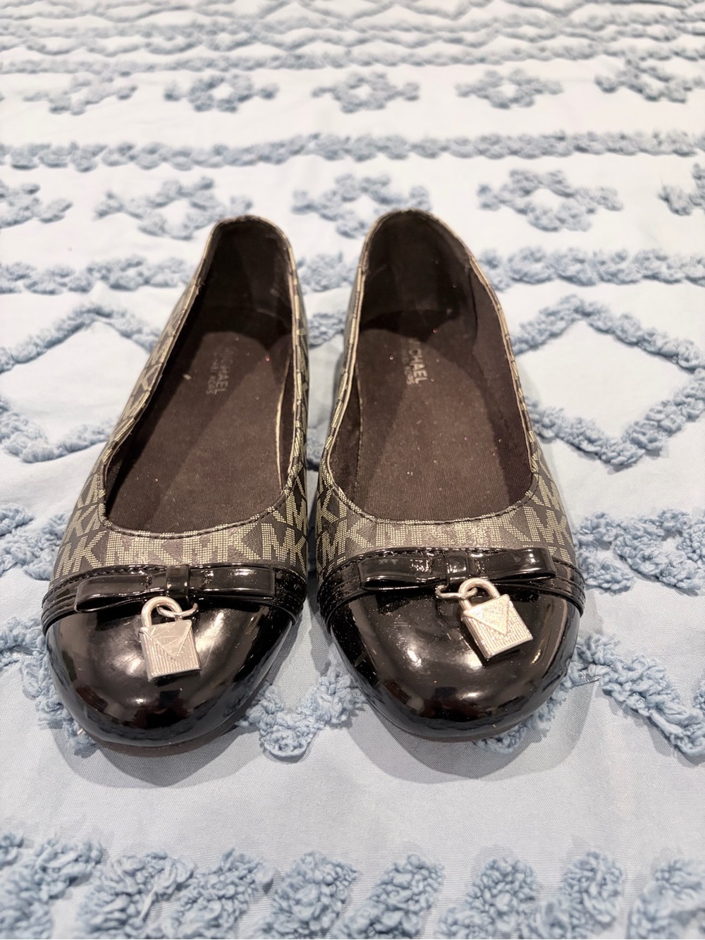 Michael Kors Black Logo Ballet Flats with Silver Lock Accent